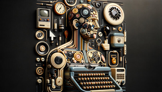 Digital Citizen: Stylized figure blending vintage tech with modern icons in a minimalist design.