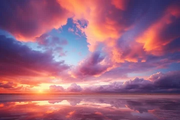 Foto op Canvas A tranquil lake mirrors the beauty of a serene sunset, where the sky is adorned with gentle pink and purple clouds, and the horizon rests peacefully. Created with generative AI tools © Oleksii