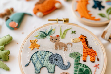 cute animals embroider in a hoop - obrazy, fototapety, plakaty