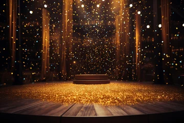 Tuinposter A celebratory and festive ambiance is unmistakable as a podium is spotlighted on a wooden stage, with golden particles adorning the black background. Created with generative AI tools © Oleksii