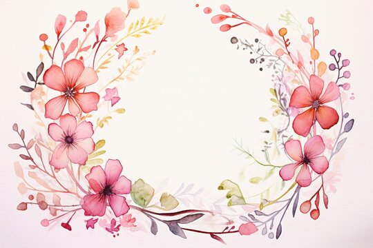 This watercolor floral frame features two identical wreaths made of multicolored flowers and leaves, creating a mirror image against a pristine white background. Created with generative AI tools