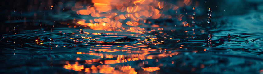 panorama of reflection of water droplets in a puddle with warm light