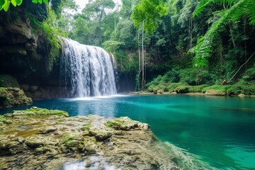 Majestic waterfall in a tropical rainforest with a natural swimming hole