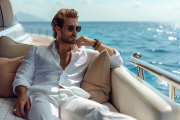 Male model relaxing on a luxury yacht Epitomizing leisure and opulence With a scenic ocean backdrop
