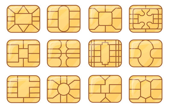 Sim emv chip. Credit card or nfc chips closeup symbol design, atm microchip secure module global banking gsm buying phone technology
