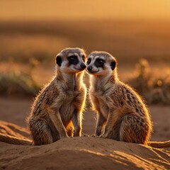 "Sunset Serenity: A Heartwarming Moment with Playful Meerkats."
