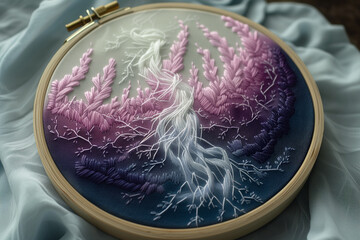 beautiful colored embroider plants with fog in a hoop