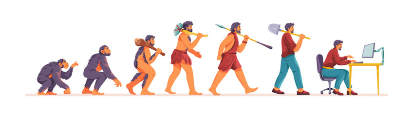 Businessman evolution stages. Human ancestor darwin theory, monkey evolve to ancient man and wealthy capitalist computer worker, history mankind progress recent vector illustration - obrazy, fototapety, plakaty