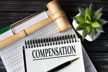 COMPENSATION - word on a white sheet on the background of a judge's gavel, a cactus and a pen