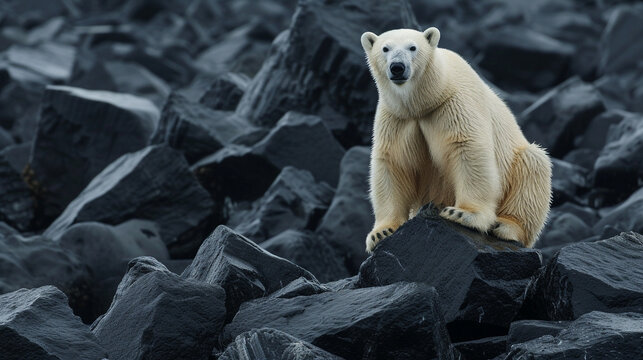 Polar bear sitting on black rocks 