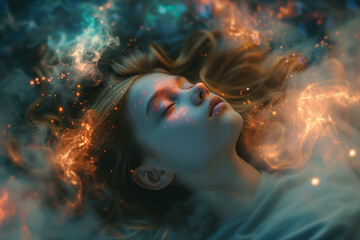 Girl is sleeping and experiencing lucid dream - obrazy, fototapety, plakaty