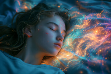 Girl is sleeping and experiencing lucid dream
