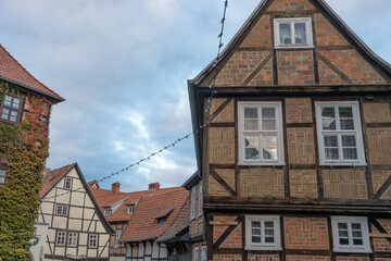 Half-timbered houses in the evening light in Quedlinburg, Saxony-Anhalt, Germany