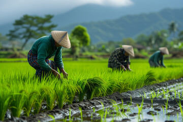 Rice field with many workers harvest