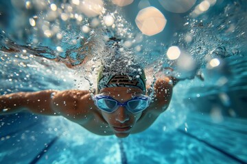Underwater view of a swimmer in a pool during a competitive race