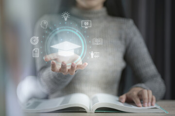 Concept of Online education. man use Online education training and e-learning webinar on internet for personal development and professional qualifications. Digital courses to develop new skills..