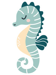 Obraz premium Children's flat vector illustration on white background. Cute blue seahorse . Vector illustration