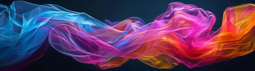 panorama of colorful scarf waves in vibrant colors on a black background - obrazy, fototapety, plakaty