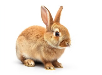 Fototapeta premium Cute brown rabbit with big ears and narrow eyes on a white background.
