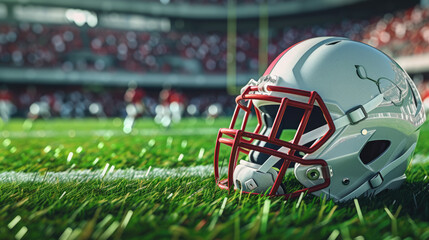  American football helmet lying on the green grass of a football field. Sunlight glints off the facemask, and the stadium stands blur in the background. - obrazy, fototapety, plakaty