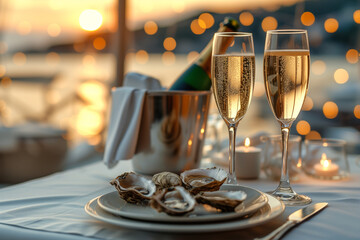 Champagne glasses with sparkling wine and bottle in bucket near oysters at restaurant - Powered by Adobe