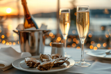 Champagne glasses with sparkling wine and bottle in bucket near oysters at restaurant - obrazy, fototapety, plakaty