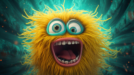 Electrified Yellow Cartoon Monster with Wide Eyes and Open Mouth in a Vibrant Underwater Scene - obrazy, fototapety, plakaty