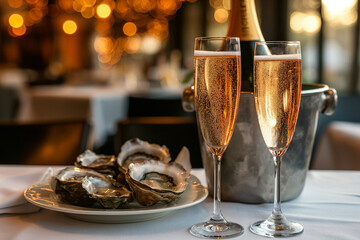 Champagne glasses with sparkling wine and bottle in bucket near oysters at restaurant - obrazy, fototapety, plakaty