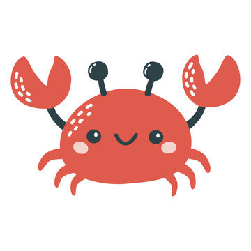 Children's flat vector illustration on white background. Cute red crab . Vector illustration