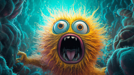 Electrified Yellow Cartoon Monster with Wide Eyes and Open Mouth in a Vibrant Underwater Scene