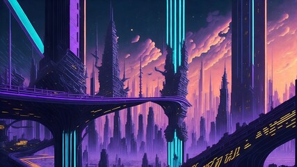 In a dazzlingly enchanting virtual realm, a hypnotic cityscape emerges, awash with radiant neon hues that seem to pulse and flow like liquid light.