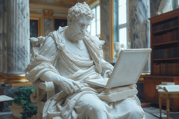 Marble statue of an ancient Greek philosopher with a laptop, new art in museums