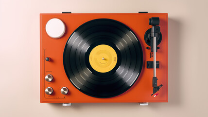 Vinyl player, top down view, playing a record,