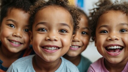 Four joyful diverse children smiling close-up, showcasing bright eyes and teeth, in a kindergarten setting.