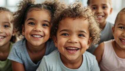 Group of diverse preschoolers smiling for a close-up selfie with a classroom background, exuding happiness and camaraderie. - obrazy, fototapety, plakaty