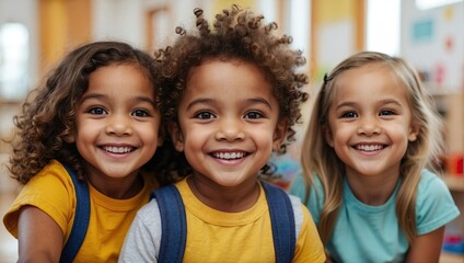 Close-up of three joyful diverse children with backpacks smiling, in a sunny preschool classroom environment.