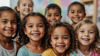 Happy group of diverse children with bright smiles in a kindergarten classroom, posing for a close-up photo. - obrazy, fototapety, plakaty