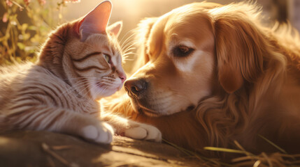 Ginger Tabby Cat and Golden Retriever Dog Enjoying a Peaceful Moment Together