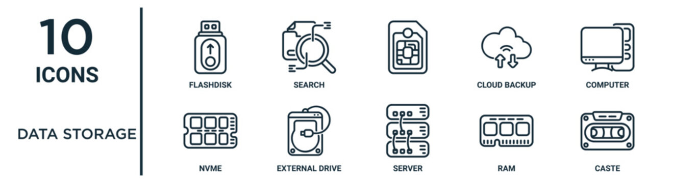 Data Storage Outline Icon Set Such As Thin Line Flashdisk, , Computer, External Drive, Ram, Caste, Nvme Icons For Report, Presentation, Diagram, Web Design