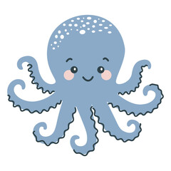 Children's flat vector illustration on white background. Cute blue octopus . Vector illustration