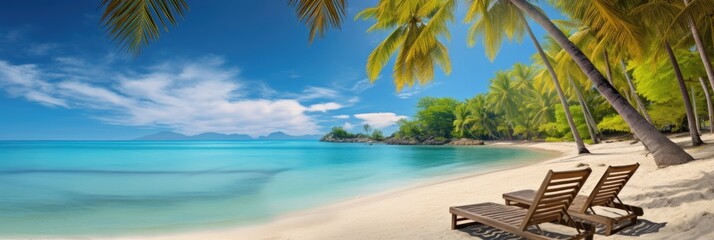 Tropical beach background with sun loungers and palm trees