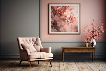 Imagine a charming chair in soft colors with a wooden table against the canvas of an empty blank frame, creating a beautiful and cute composition. 