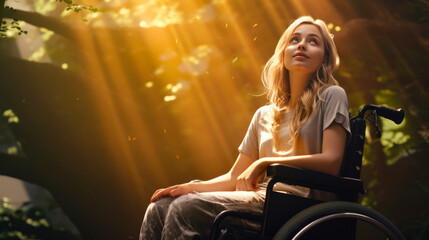 Fototapeta na wymiar Young Woman in Wheelchair Bathing in Sunlight Amidst Nature