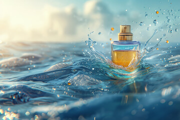 A bottle of cologne in the waves of sea water, a fresh and rich masculine aroma of perfume - obrazy, fototapety, plakaty