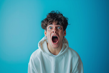Young guy on a blue background screaming, frightened facial expression, panic scream - obrazy, fototapety, plakaty