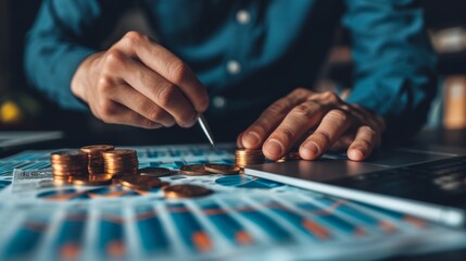 A man is putting coins into a coin jar on top of his laptop, AI