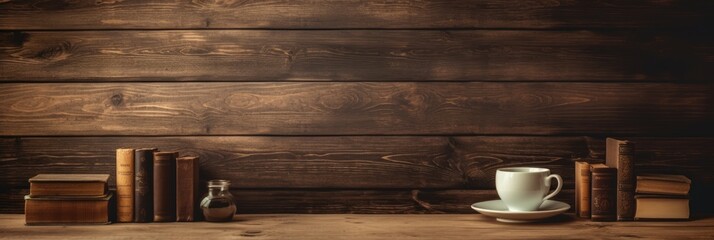 Wood texture background with books and cups of coffee. Wide format banner