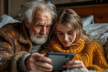 Curious elderly man being taught to use smartphone technology by a younger woman