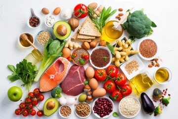 Food pyramid: Top view of various kinds of multicolored food types like meat, seafood, honey, eggs, fish, cocoa beans, olive oil, legumes