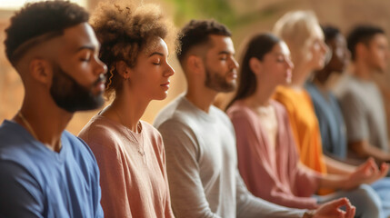 group of men and women participating in a meditation session in a mental wellness program for mindfulness in life.